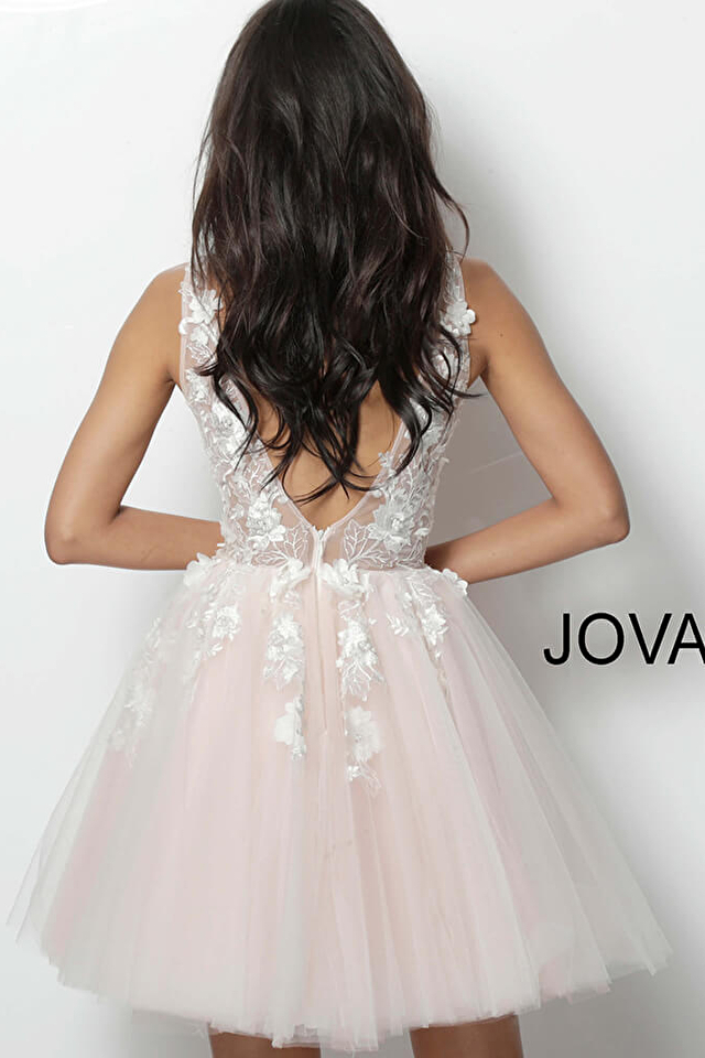 Jovani floral applique blush A-line homecoming dress 63987